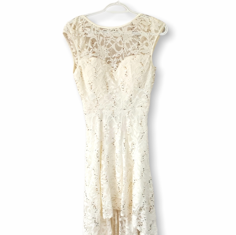 Sparkly Sequined Lace Asymmetrical High Low Dress